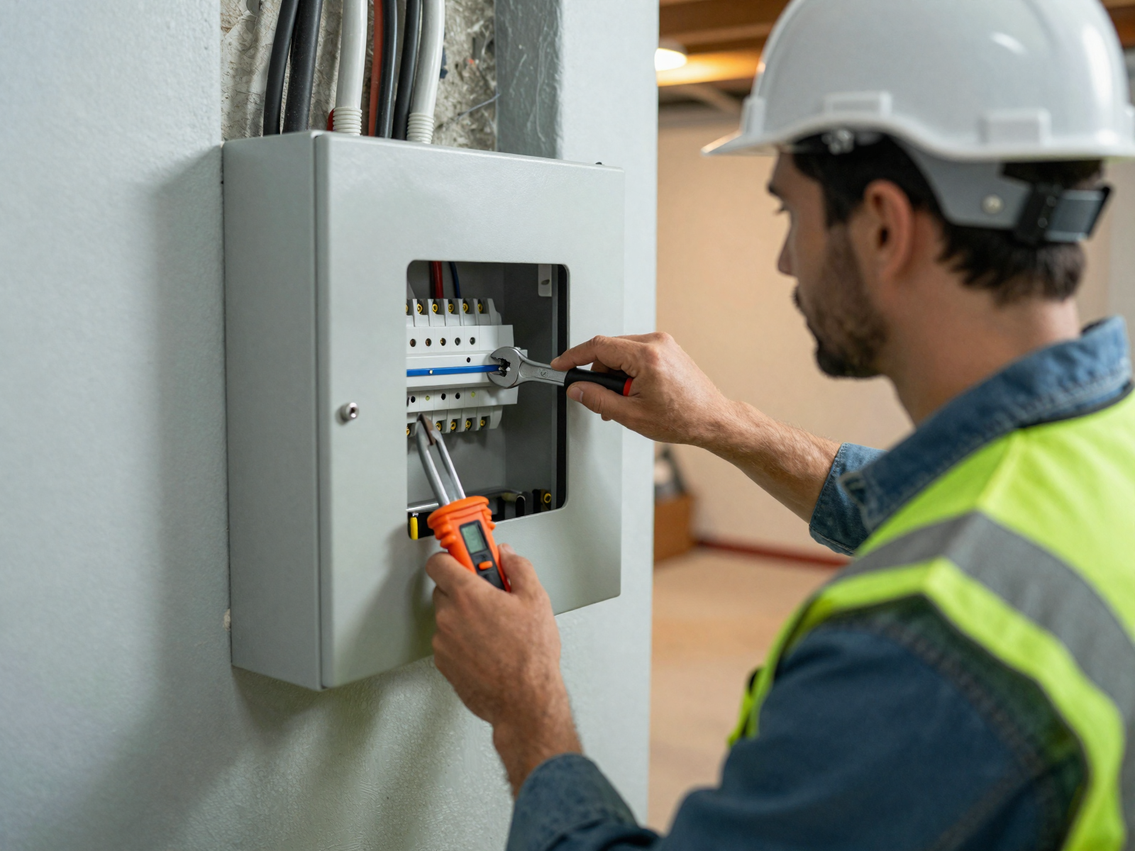 Electrician installing new electrical panel